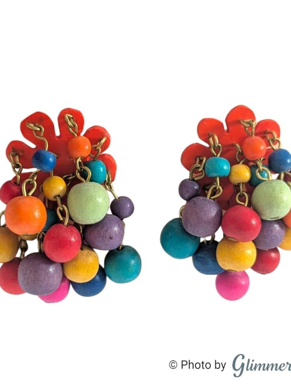 Vintage Multicolor Boho Wood Bead Cha Cha Cluster Earrings